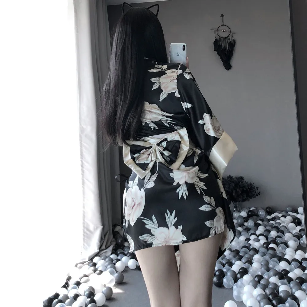 زي الكيمونو الياباني أزياء الإغراء التأثيرية مجموعة الملابس الداخلية الغريبة ملابس النساء فضفاضة طويلة الأكمام مثير الدانتيل يصل منامة #5