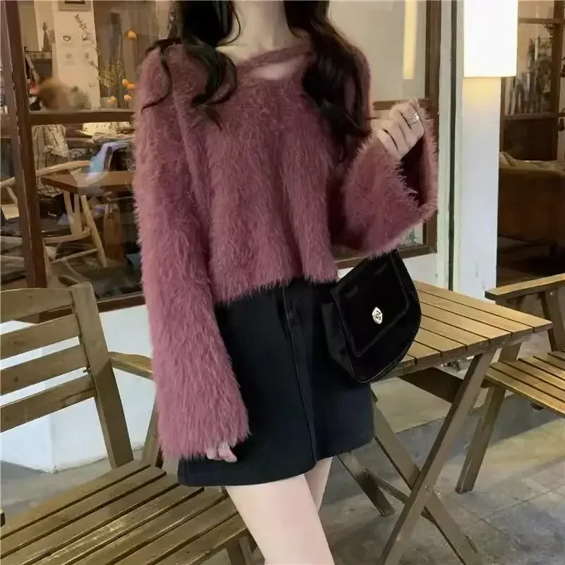 Women\'s Sweater Pullovers V-neck Knit Tops for Woman Purple Korean Luxury Long Sleeve Aesthetic New in Cashmere Winter 2024 Cold