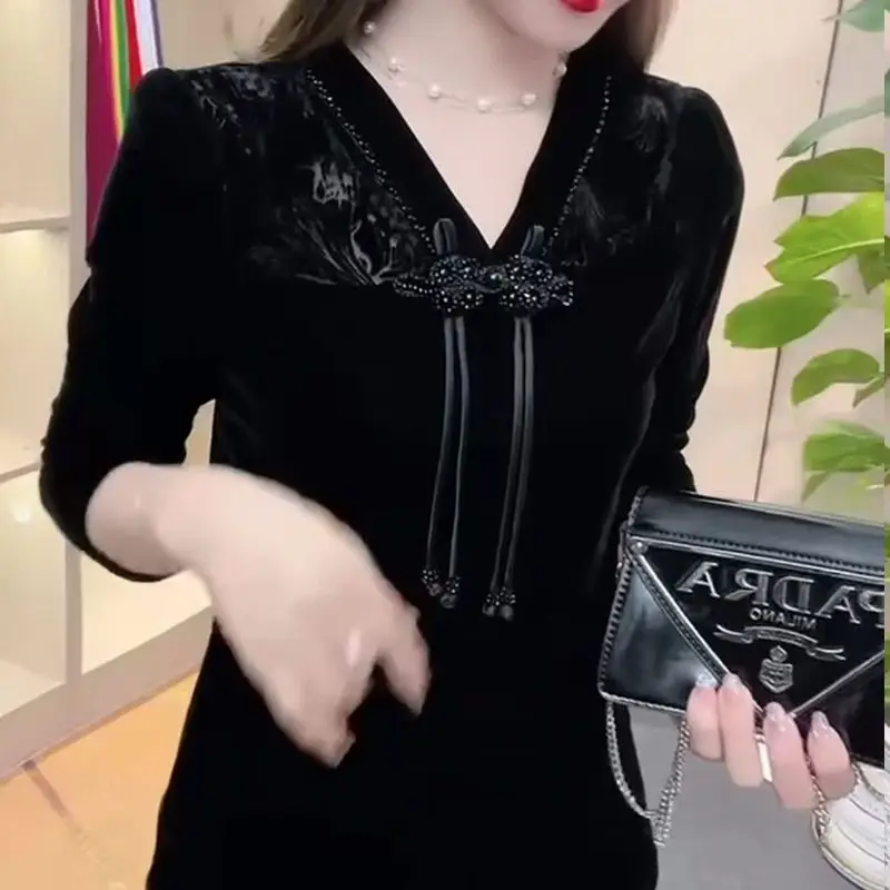 New Gold Velvet Top with Long Sleeves Fashionable National Style Slim National Elastic TT660