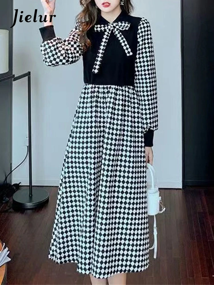 Jielur Dress Women Autumn Chic Lattice Patchwork Simple Elegant Bow Long Sleeve Vintage Ladies Streetwear Female Clothing