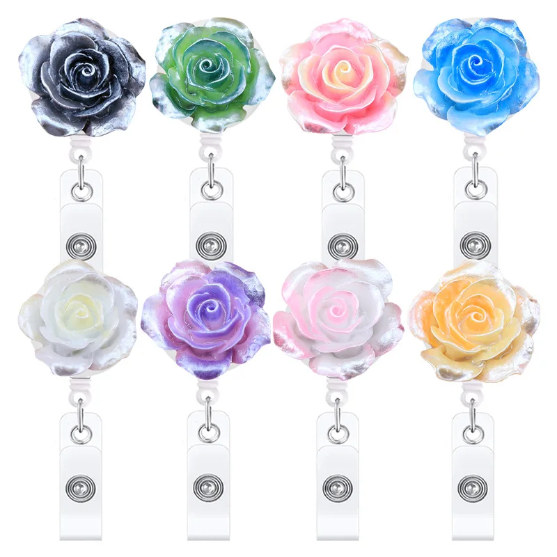 

Retractable ID Badge Reel Clip Glowing Gradient Color Rose Floral Resin Design Strong Pull for Nurse Teacher Office Staff
