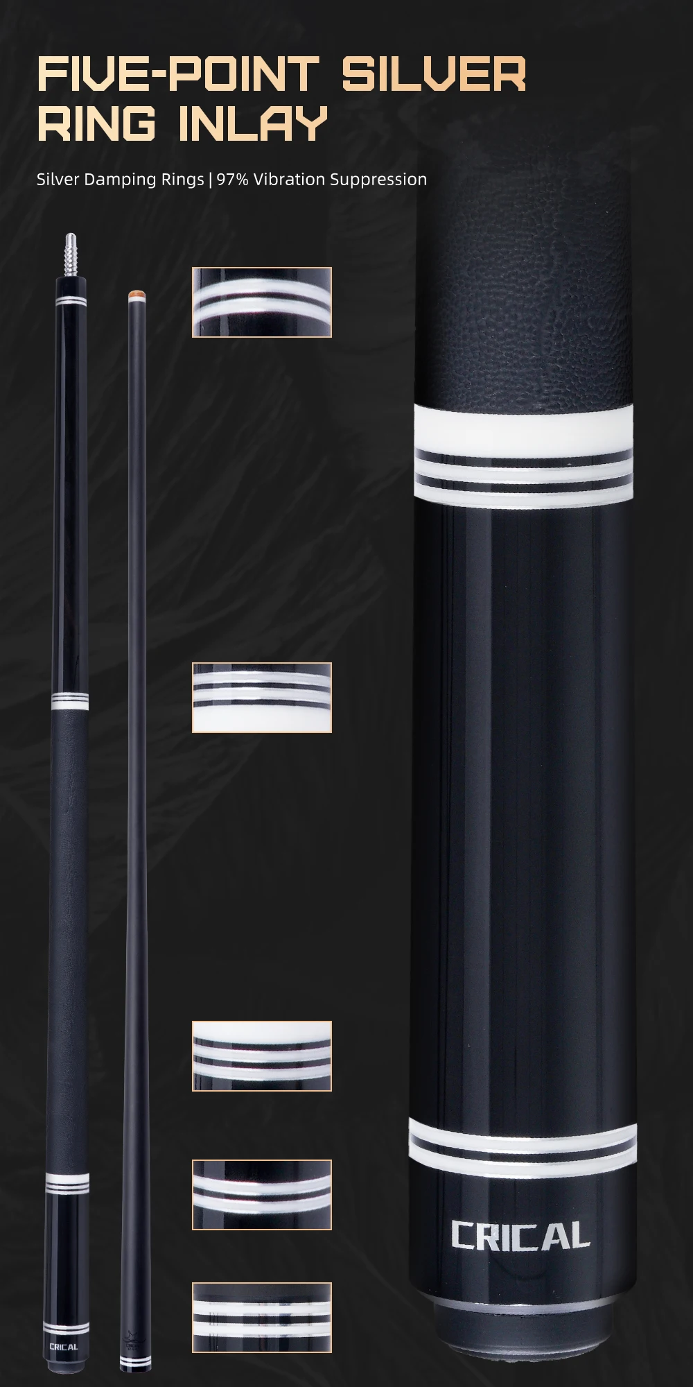 Carbonfaser-Billardqueue mit geringer Ablenkung, professioneller 12,5-mm-Spitzengröße, 3/8x8-Gelenk, Lederummantelung, 58 Zoll, 19-20 Unzen, Billard-CRICAL – Detail 9