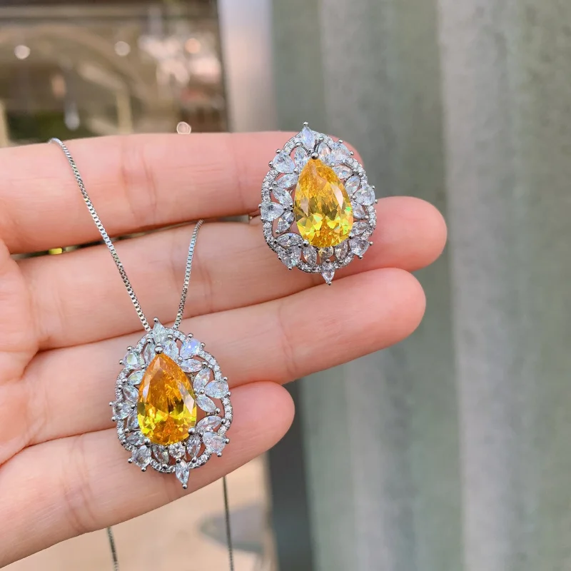 

European and American style yellow gemstone pendant necklace and ring jewelry set for fashionable women