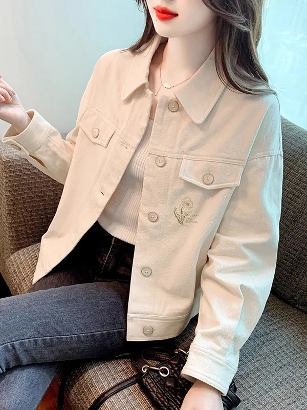 

Embroidered Ne ort Denim Jaet Women's Faion Spring Autumn Winter Versatile Best Selling Open Cardigan Top