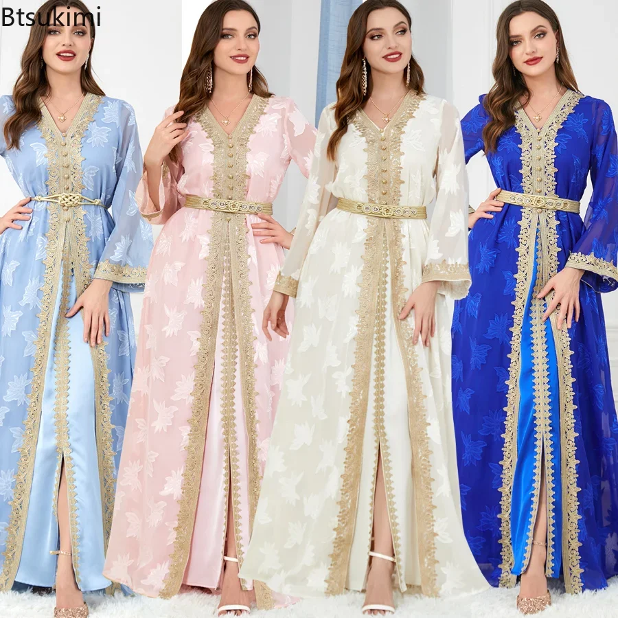 Ensemble musulman 2 pièces pour femmes, broderie du Ramadan, kimono arabe Abaya, robe formelle islamique Jalabiya, vêtements caftan marocain, 2024