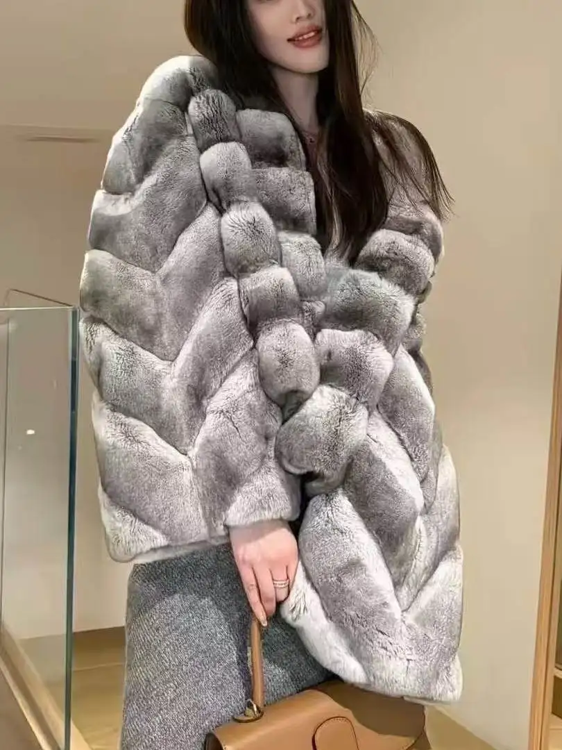 BFFUR Winter Women Temperament  Real Rex Rabbit Fur Coat V Collar Lady Short Cozy Genuine Rex Rabbit Fur Jacket