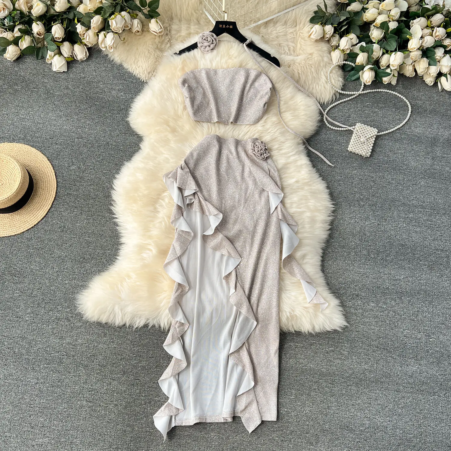 Sexy Shinny Beach Style Women Two Pieces Set Hot Strapless Crop Top and High Elastic Waist Ruffles Tassels Irregular Skirt Suits