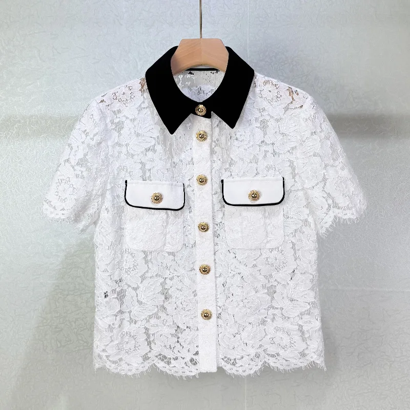 

Lace Hollow Shirt White Temperament Contrasting Lapel Chic Loose Short Sleeve Short Shirt New Summer Style tops women 2025