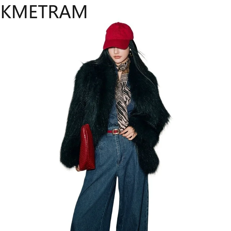 KMETRAM 100% Raccoon Fur Jacket Women Winter Knitted Real Fur Coat Loose Lapel Collar Short Jackets 2026 Woman Clothing 61cm 퍼자켓