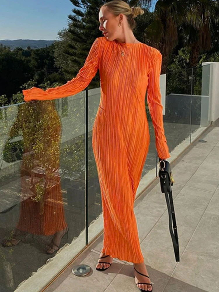 APIPEE Elegantes, figurbetontes Kleid für Frauen 2024, solides O-Ausschnitt, ausgestellte Ärmel, lange Sommerkleider, Urlaub, Vestidos, Schwarz, Rot, Orange