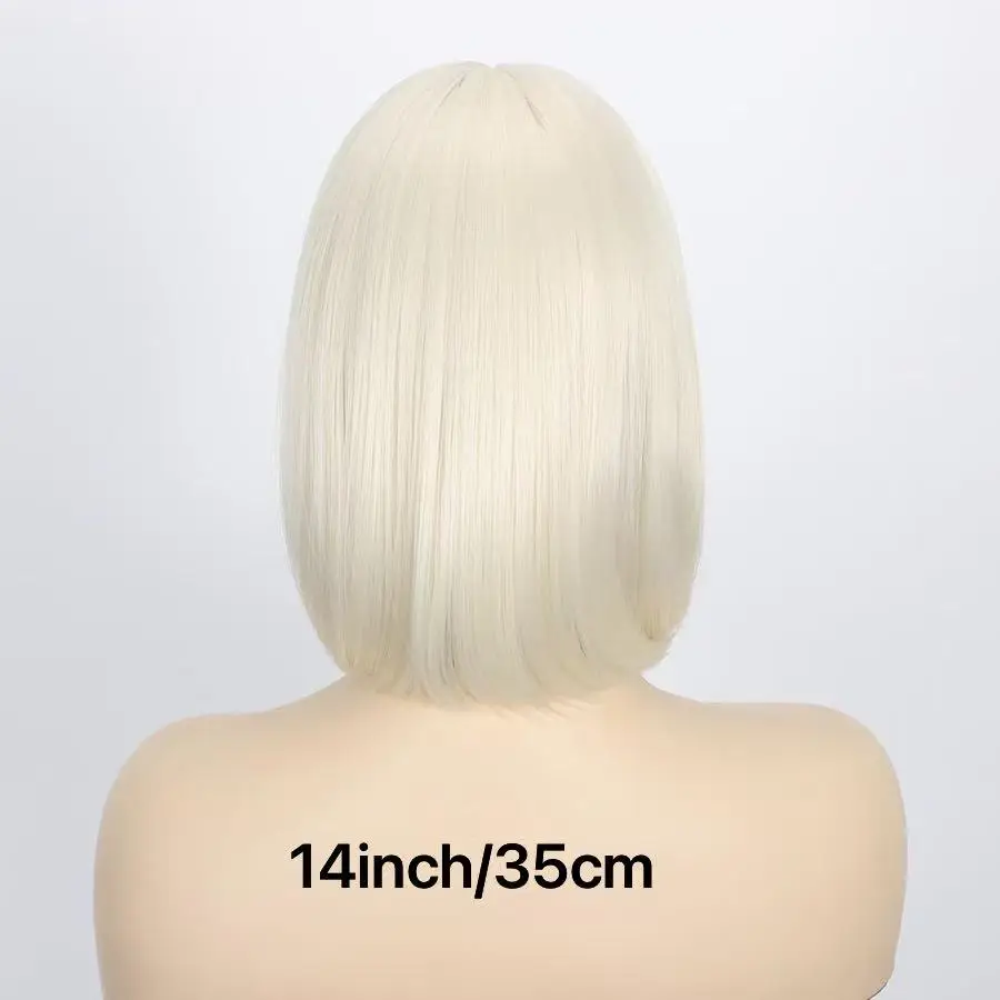 14inch Platinum Blonde Short Straight Bob Synthetic Wig with Fringe Women Daily Cosplay Hair