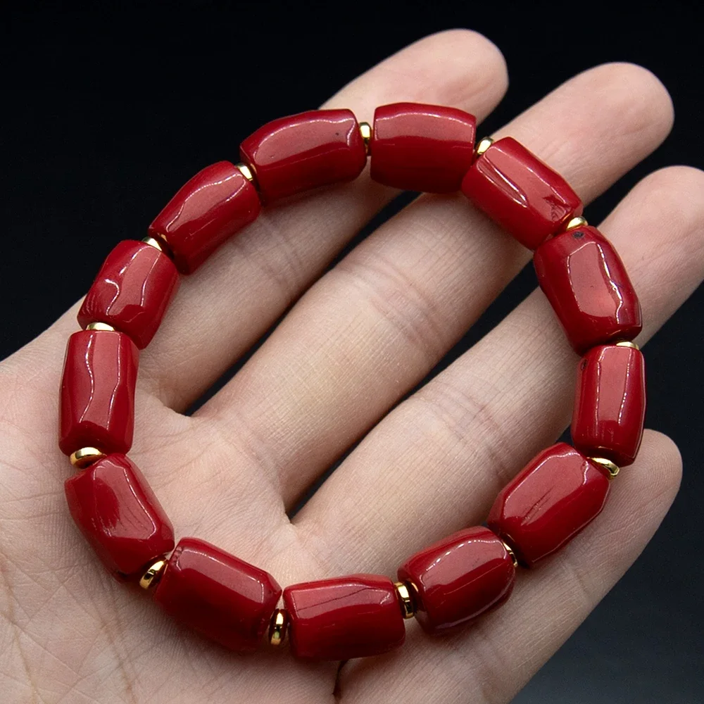 9-14 مللي متر المرجان الطبيعي سوار اللون الأحمر الخرز أسطواني الشكل مع اللون الذهبي خزر عازل الرجال والنساء هدية عيد ميلاد #2