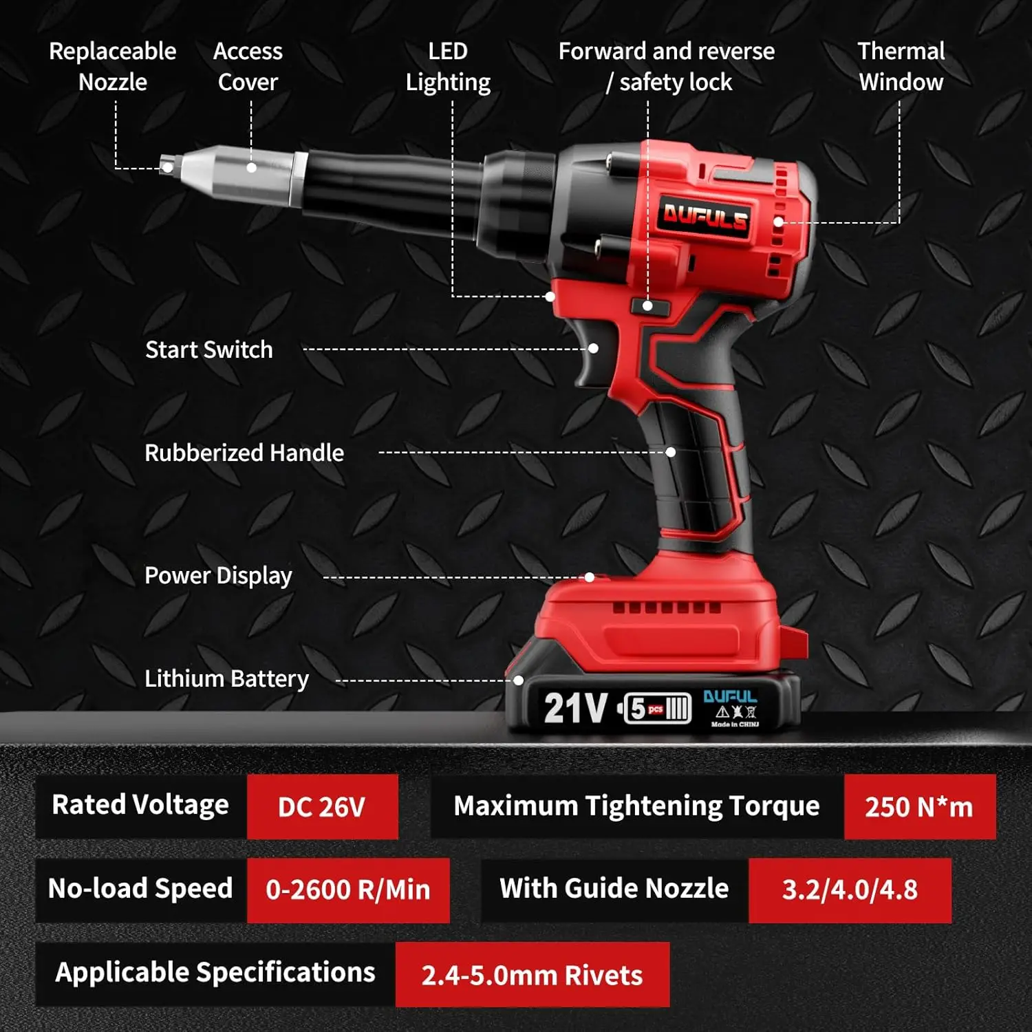 Pistolet do nitowania, elektryczny pistolet do nitowania z 2 bateriami i ładowarką, bezszczotkowy zestaw narzędzi do nitów 1/8", 5/32", 3/16"