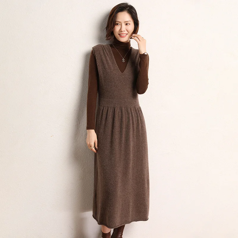 

Autumn and Winter New Women's V-Neck Sleeveless Cashmere Skirt Pullover Cuff Knitted Dress Over Knee