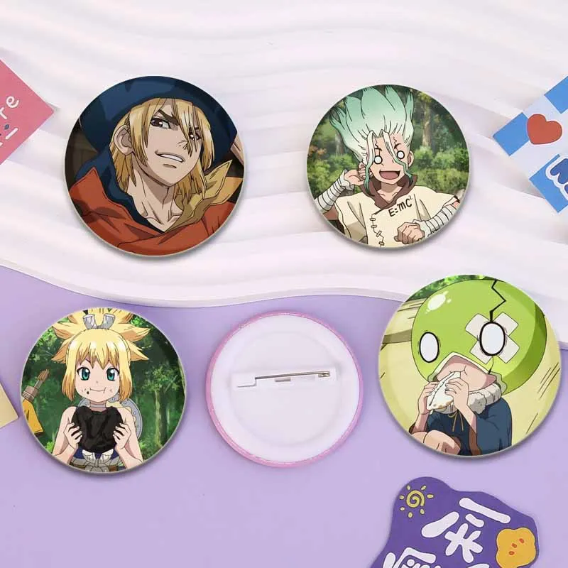 Anime Dr. Stone Button Pins Cartoon Character Brooches Ishigami Senkuu Amber Kohaku Badge Bag Decor Fans Collect Friends Gifts