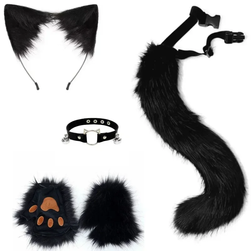 Cat Ears and Wolf Fox Animal Tail Cosplay Costume Faux Fur Hair Clip Headdress Halloween Leather Neck Chocker Set