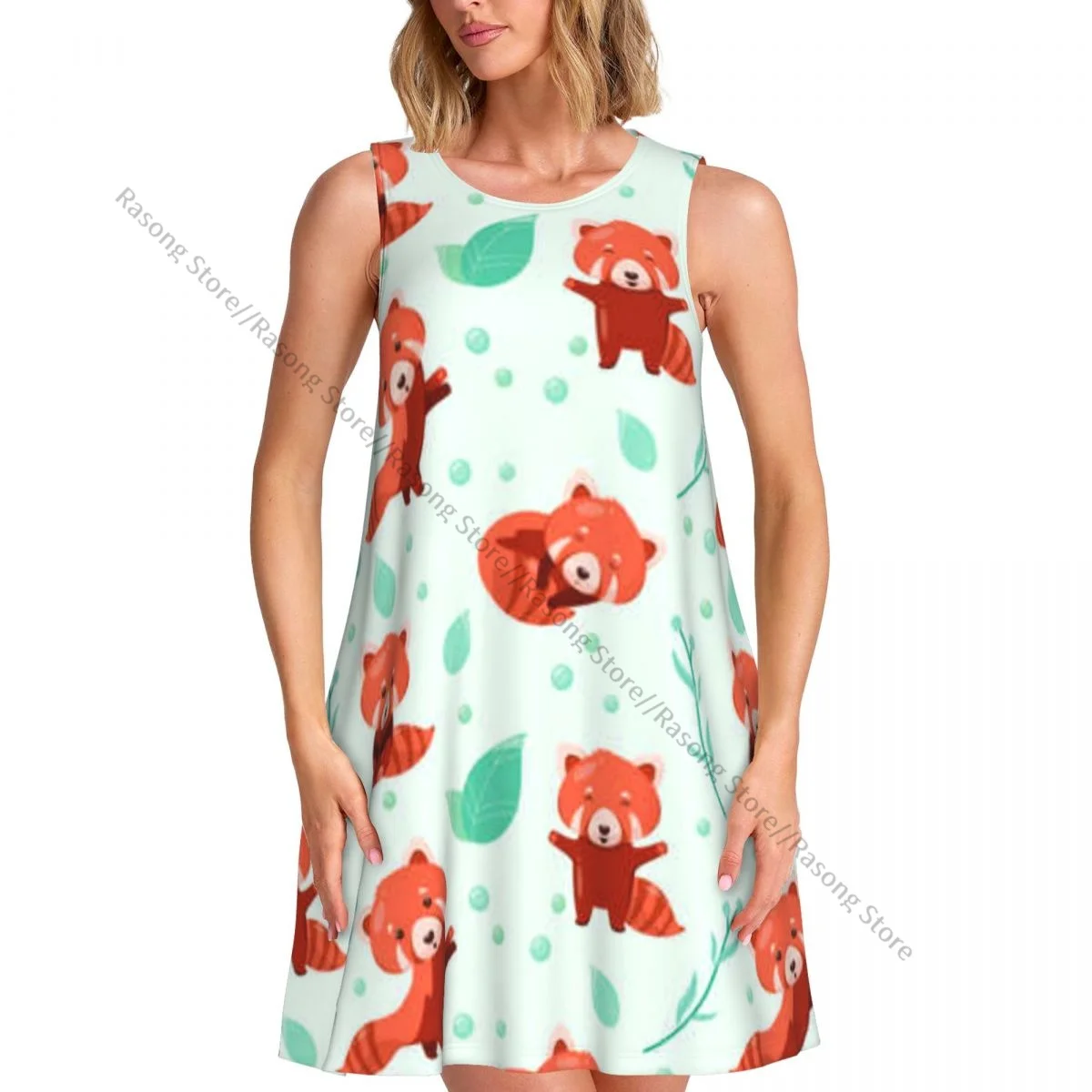 Women's Dress Cute Red Pandas Cartoon Summer Casual T Shirt Beach Cover up Tank Dress