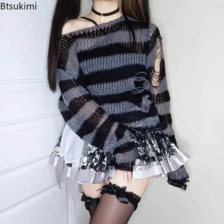 New 2025 Women\'s Punk Gothic Striped Hollow Out Sweater Color Block Long Sleeve Ripped Y2K Tops Pullovers Retro Knitted Jumpers