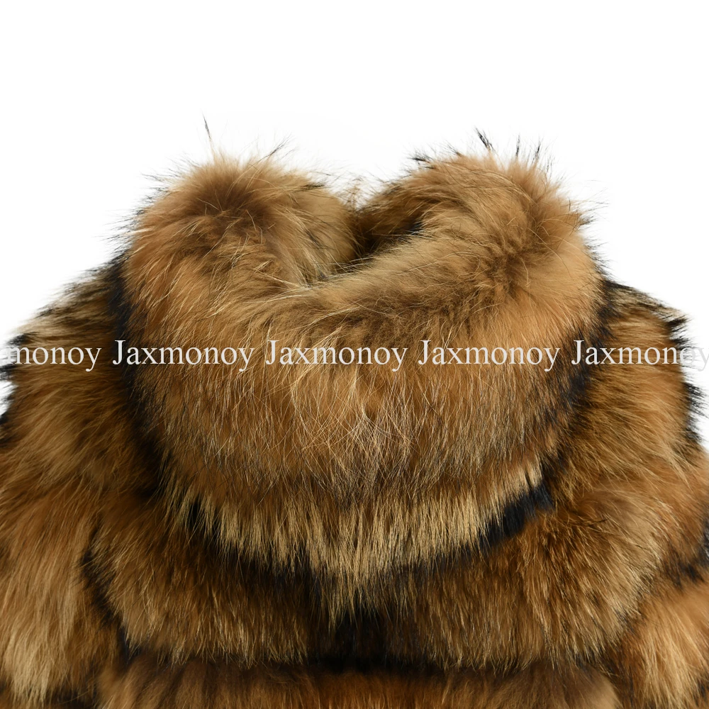 Jaxmonoy-abrigo de piel de mapache Natural para mujer, chaqueta de piel de lujo, cálida, de talla grande, con capucha