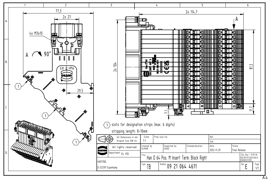 09210644611 HARTING 10A64-pin male ferrule terminal connector bolt wiring