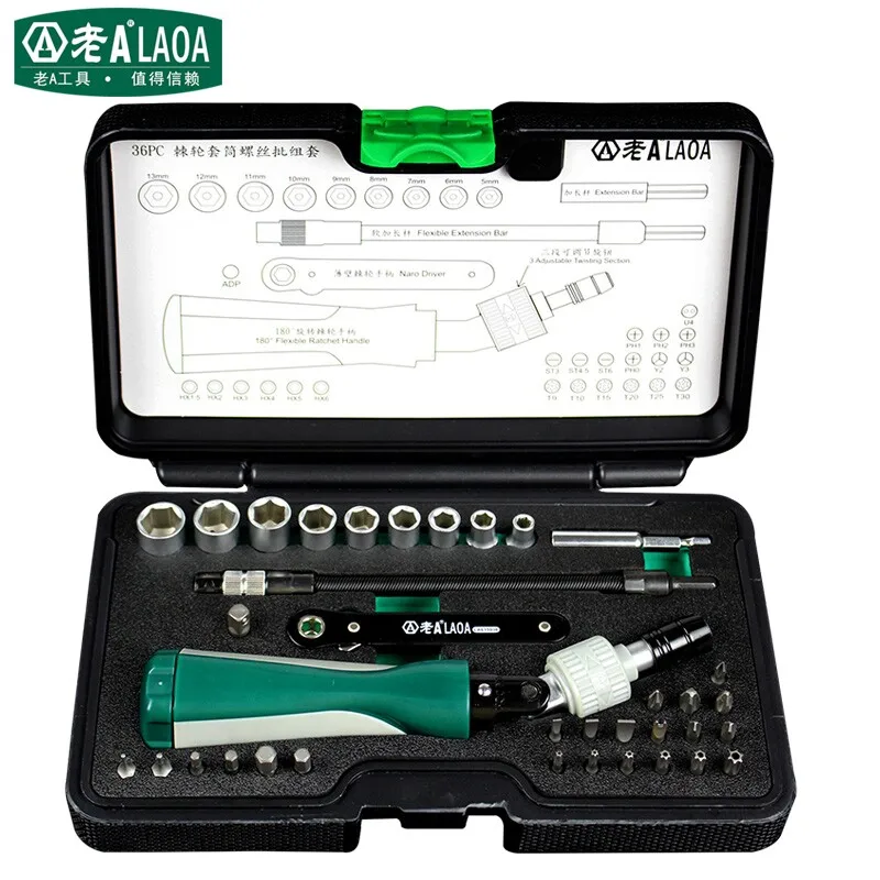 LAOA 36 in 1 Ratchet Screwdrivers Sockets Set 180 degrees turn hand shank technical grade Material Sockets Screwdriver