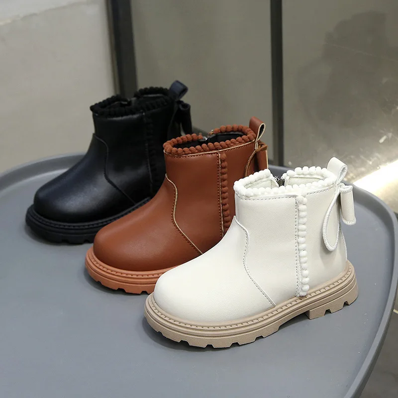 

Autumn Winter Fashion Boots Children Soft Soled Fleece Boots Low Top Solid Color Lace Boots Girls Side Zipper Non Slip Shoes