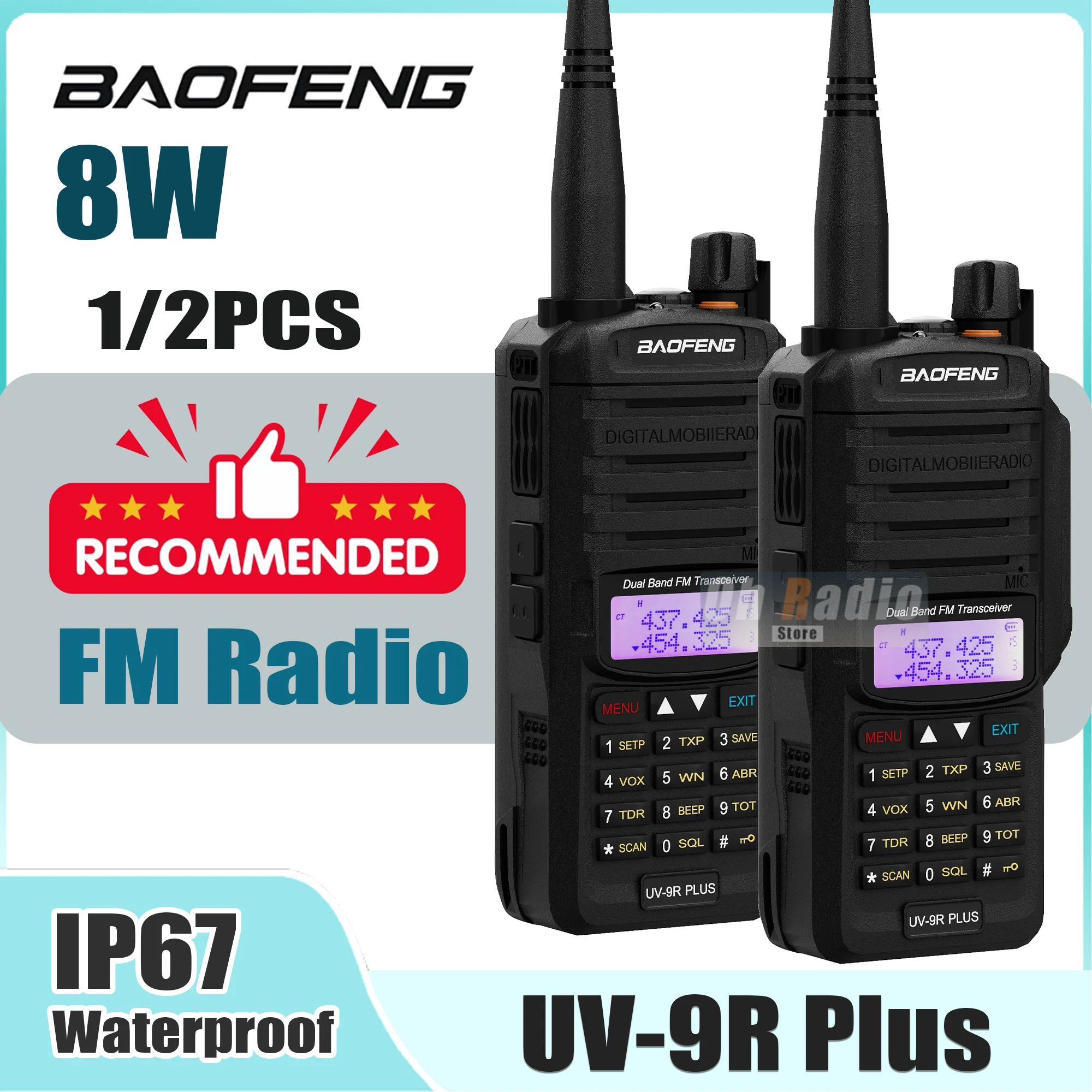 Baofeng UV-9R Plus IP67 Waterproof Walkie Talkie 8W FM Radio LED Type-C VHF UHF Long Range UV-9R Plus Portable Ham Two Way Radio