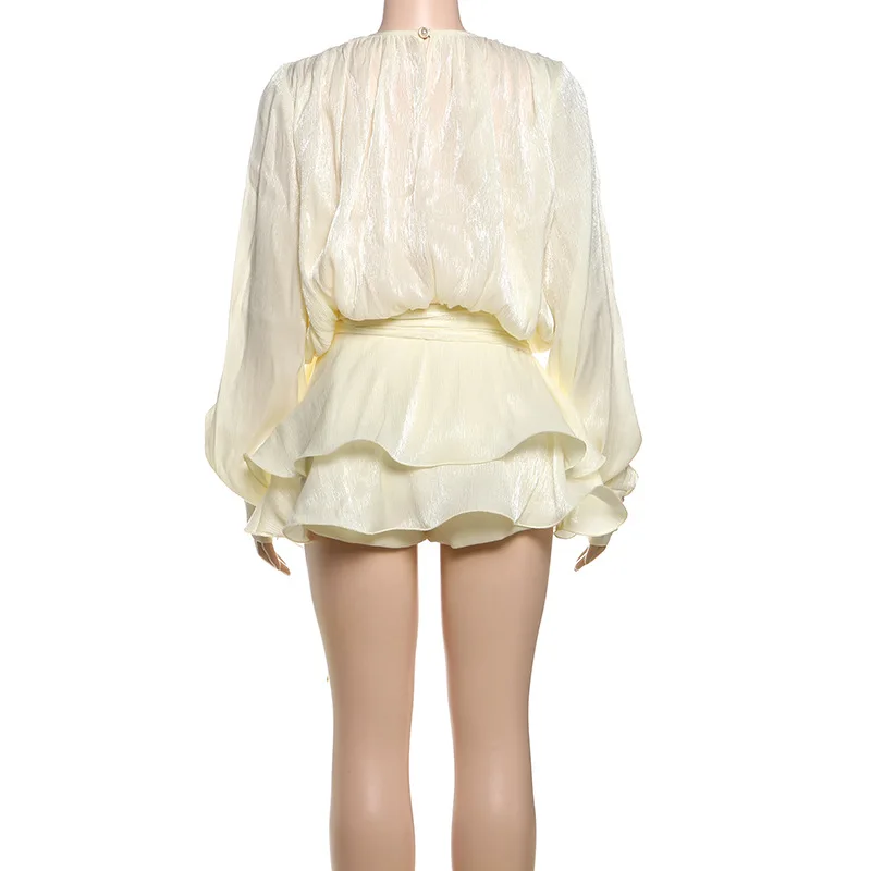 Bangniweigou أنيقة س الرقبة وشاح فانوس الأكمام فستان حريري ث/السراويل قطعتين مجموعة النساء الخريف الجنية موضة فلوي البدلة كريم