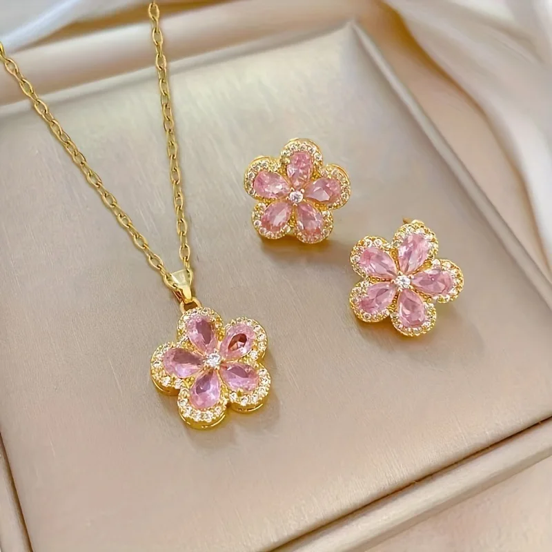 

ZAKOL Luxury Pink Zircon Flower Pendant Necklace Earrings For Women Gold Color Quality High Sense Set Bride Party Jewelry Gifts