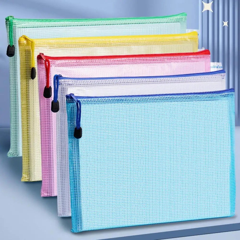 2Pcs Mesh Zipper Pouch Waterproof File Storage Bags with Handle Rope A4 A5 File Holder Mesh Pockets Storage Bags for School