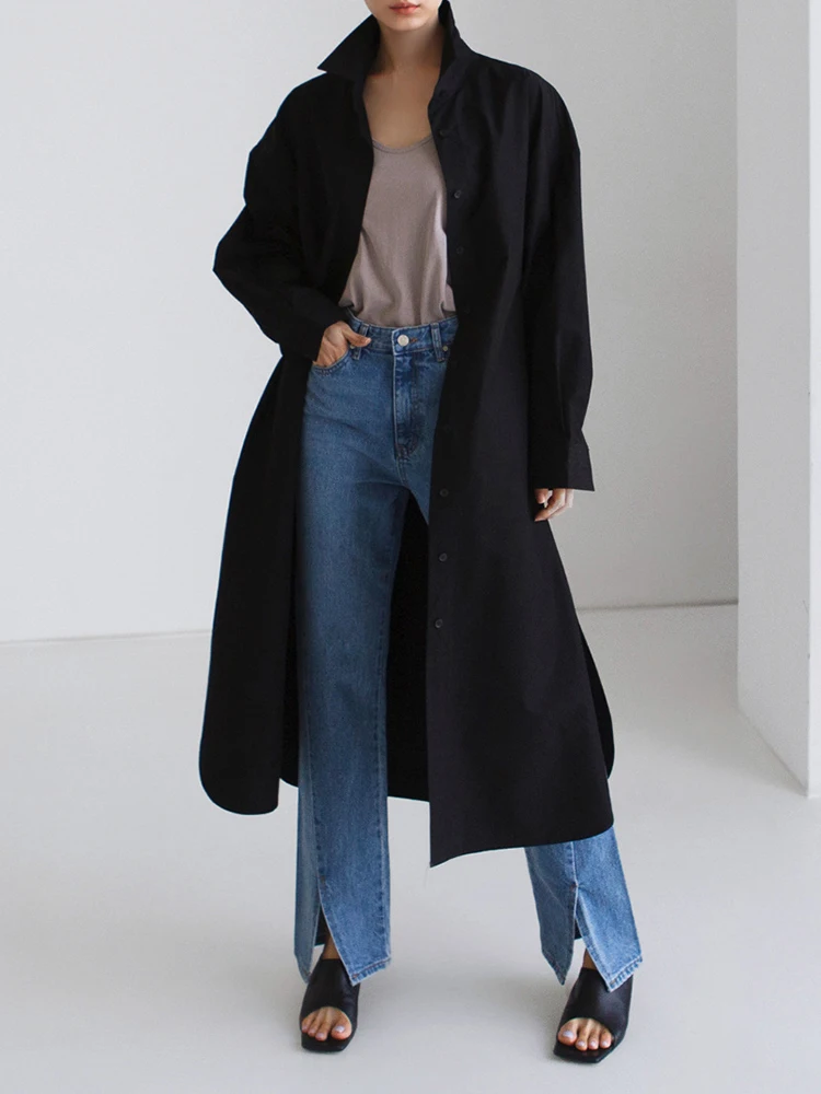 [EAM] Women Blue Big Size Long Casual Blouse New Lapel Long Sleeve Loose Fit Shirt Fashion Tide Spring Autumn 2024 1DH0484