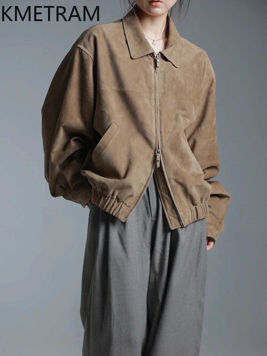 Kurtka damska KMETRAM z naturalnej skóry owczej zamszowej z poduszkami na ramiona, retro, skóra naturalna, odzież, krótki płaszczyk skórzany na jesień 2025, kurtka skórzana
