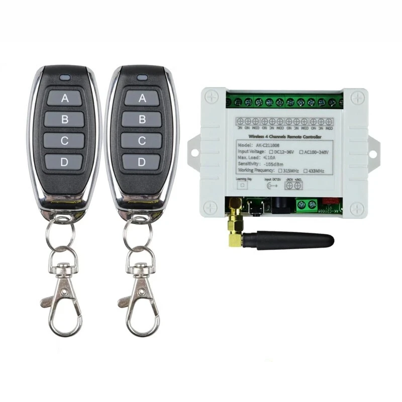 433MHz Wireless 4CH Relay Remote Control Switch Receiver + 2 Transmitters DC 12V 24V 36V Universal Control Set