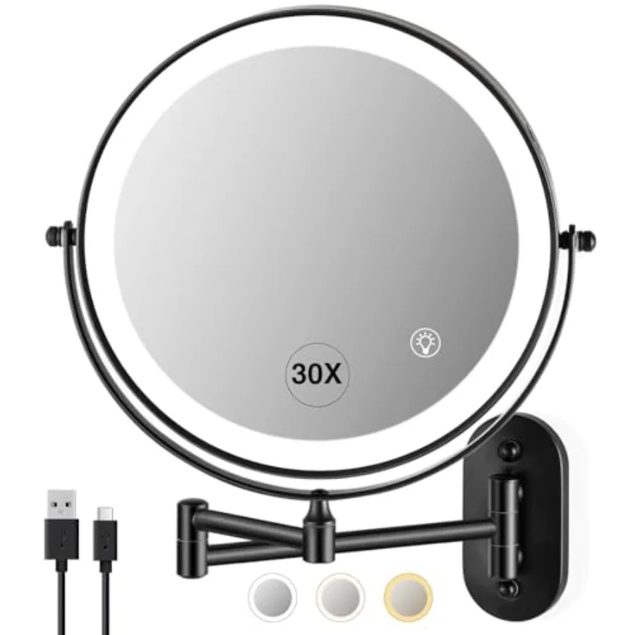 

Wall Mounted Makeup Mirror with Light: 30X/1X 8.5'' Double Sided LED Magnifying Bathroom Mirror Black