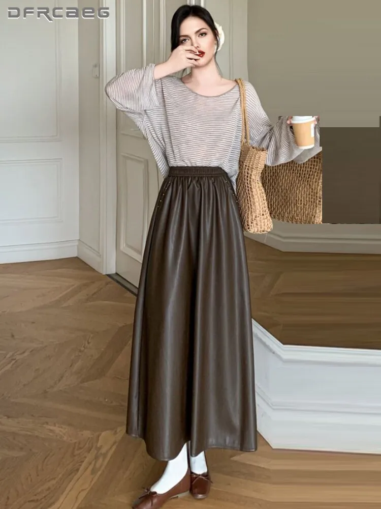 

Autumn Winter Vintage Woman Pu Leather Skirt With Rivets Elastic Waist Casual Big Swing Office OL Long Skirts Lady