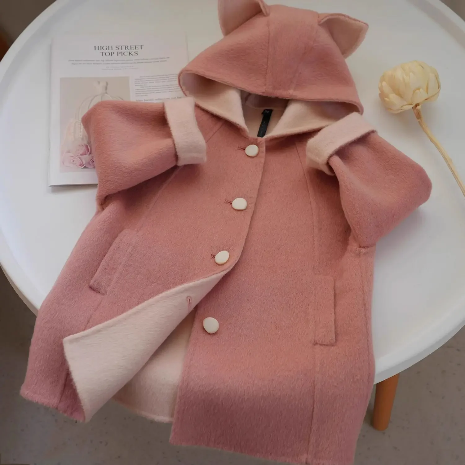 معطف صوفي وردي مزدوج الجوانب للفتيات لخريف وشتاء 2026 معطف صوفي جديد لطيف للأطفال متوسط الطول #2