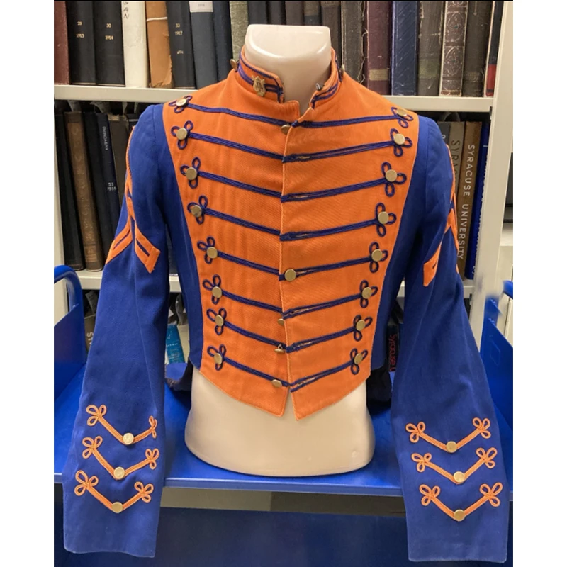 

Изготовленная на заказ винтажная шерстяная куртка в стиле гусарской формы синего и оранжевого цветов, историческое немецкое офицерское пальто