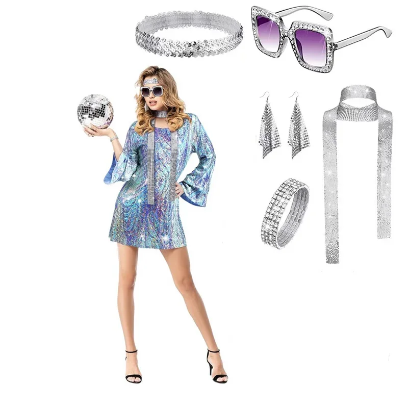 

Halloween 70s Women Disco Dress Hippie Costumes Necklace Earrings Glasses, 60's Birthday Outfits, 1970s Prom Bling Dress