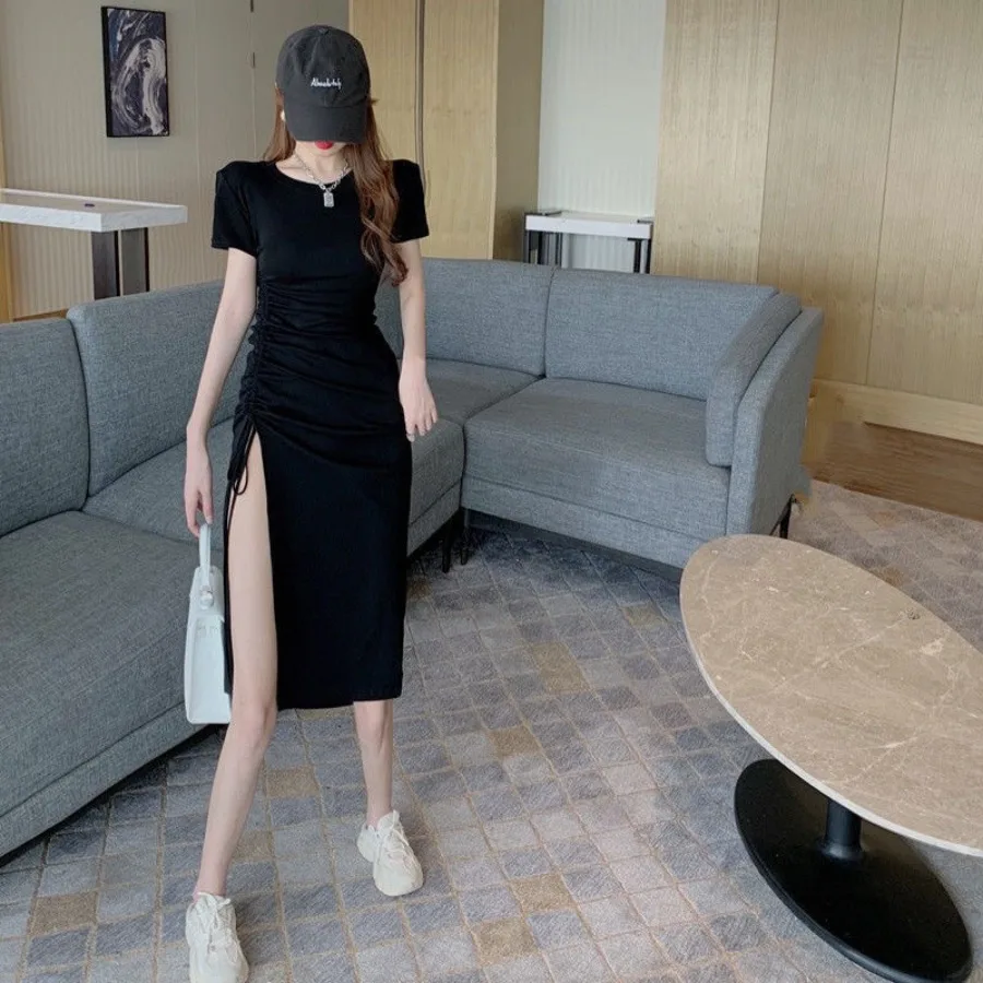 

【New style】Temperament drawstring split dress women's clothing summer new style waist waist mid-long slim and slimming hip skir