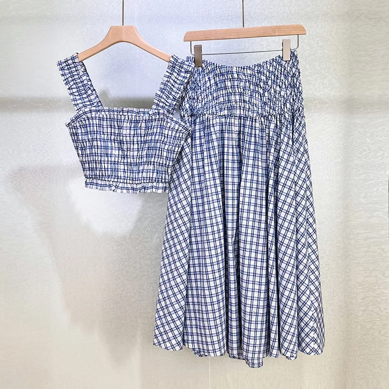 

Summer Beach Holiday Blue White Checkered Outfit Sparkling Rhinestone Pleated Crop Top High Waist Skirt Set