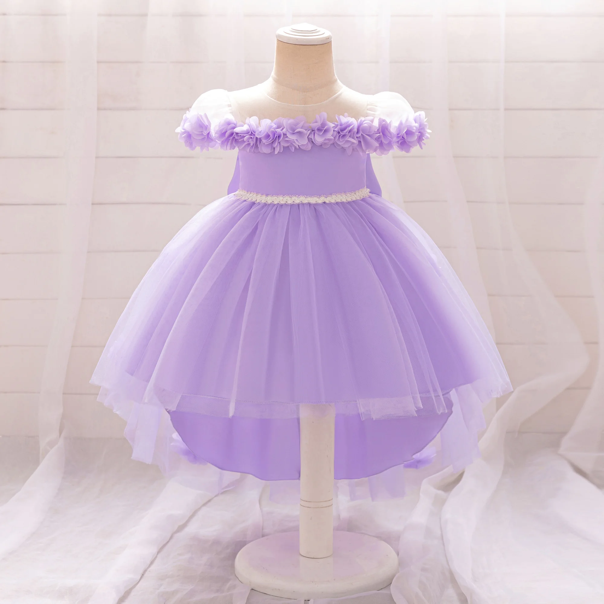 Fluffy Tulle Flower Party Baby Girls Dress Tailed Baptism 1st Birthday Wedding Princess Dresses Bow Bridemaid Prom Kids Clothing