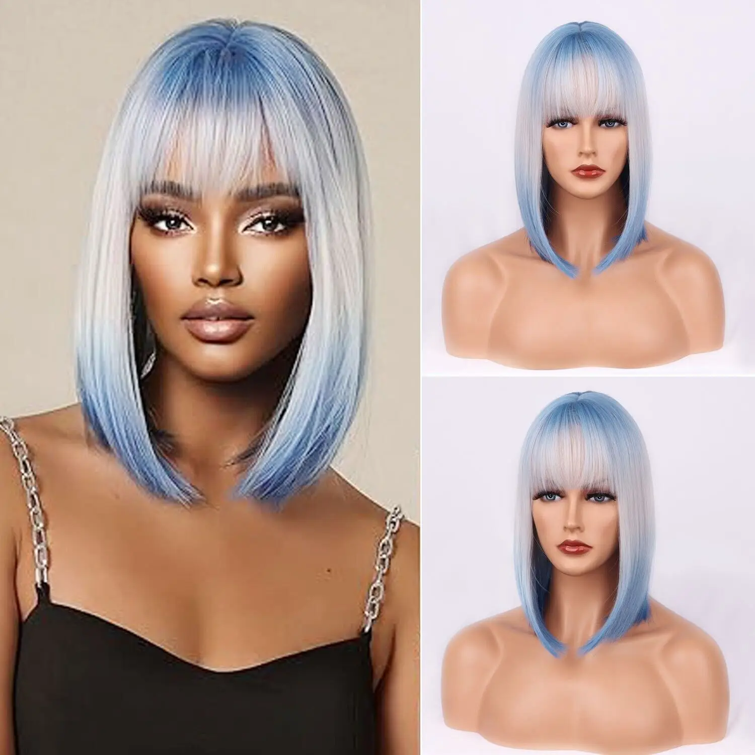 Wig sintetis gradien biru kepala BoBo 12 inci wanita