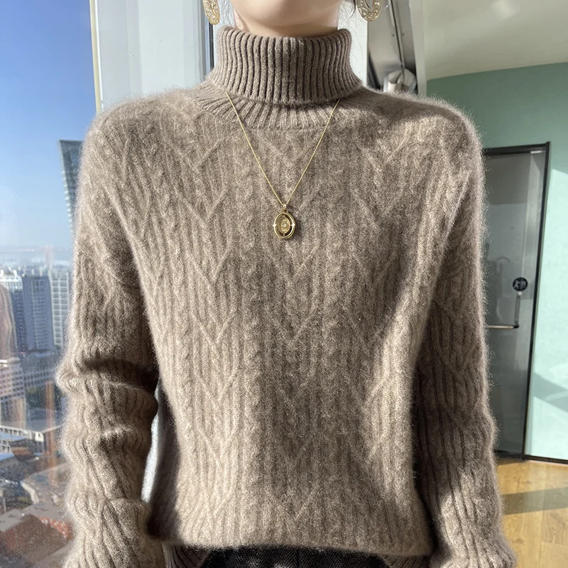 Autumn and winter new 100% merino wool cashmere sweater women\'s turtleneck solid color slim thickened fashion knit bottoming top