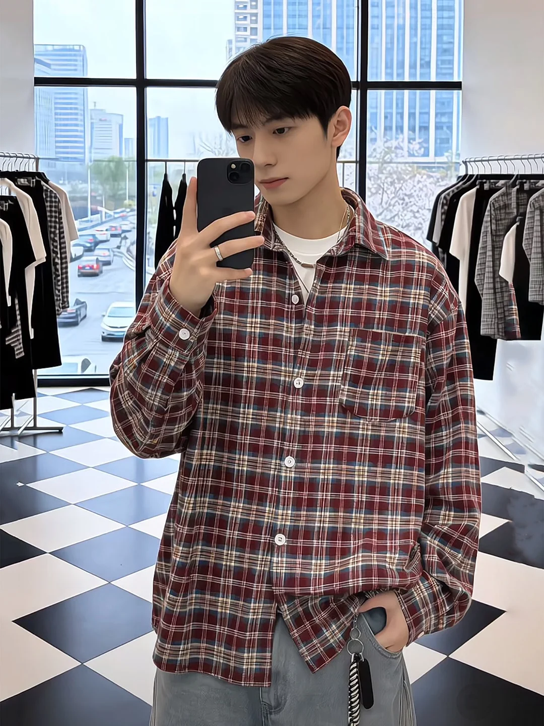 

Red Plaid Long Sve irt Men's Spring Loose Sle Clothing American Sle irt Coat Cleanfit Brand Casual Wear