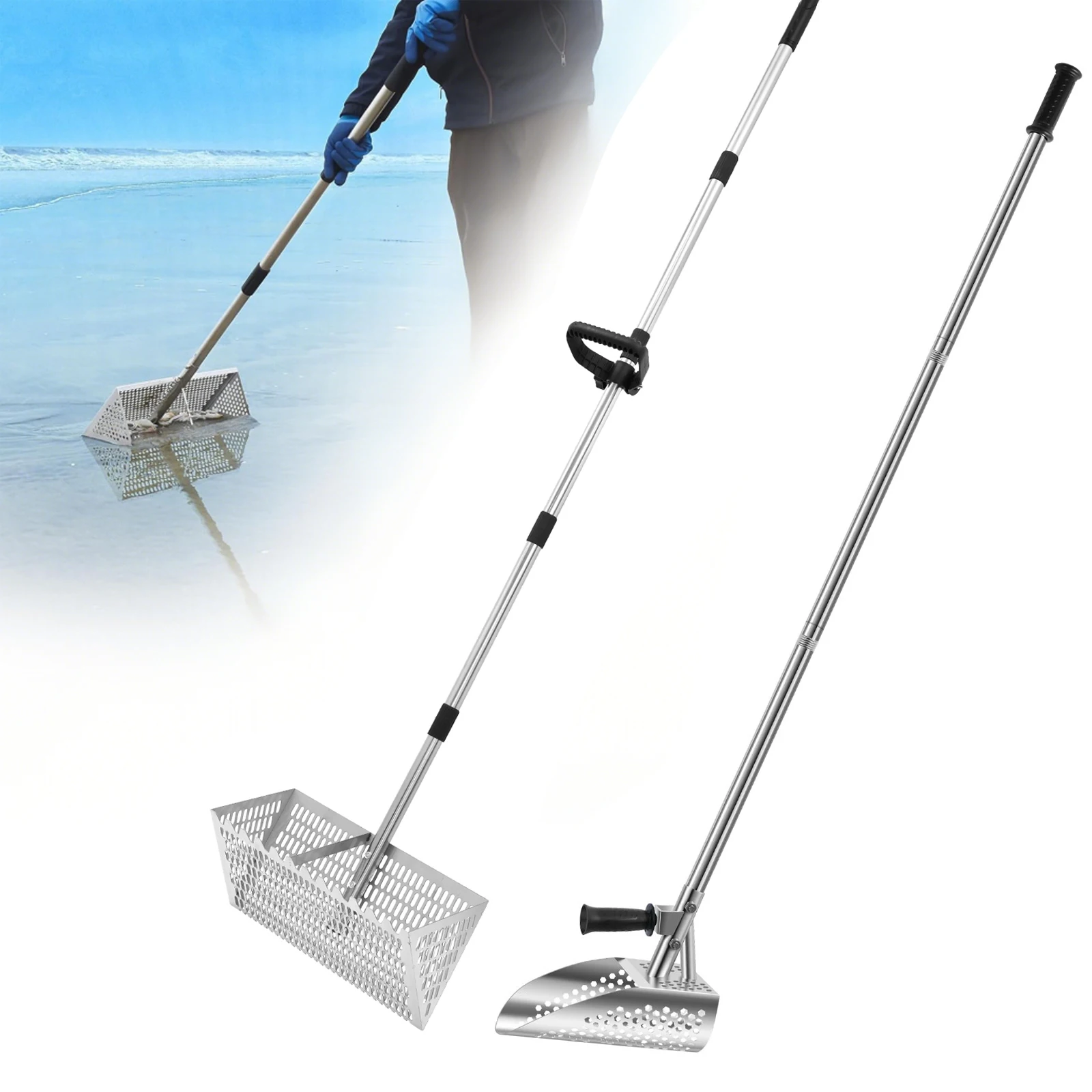 66inch Sand Flea Rake Long Handle Sand Sifter Shovel Stainless Steel Detecting Shovel for Collecting Fleas, Shark Teeth, and Sea