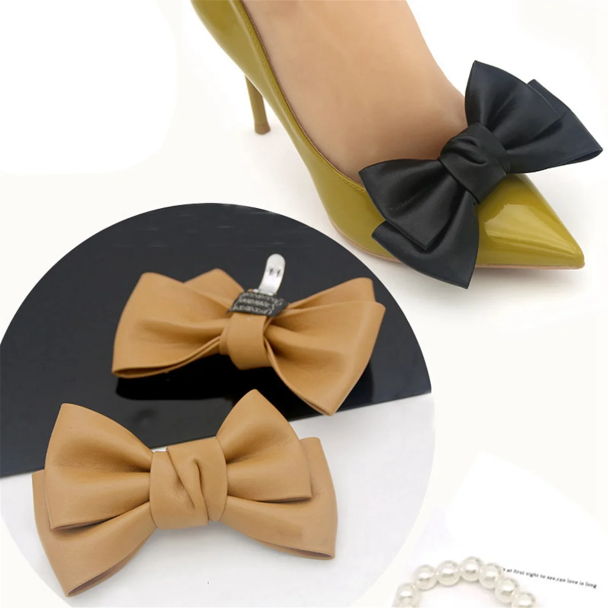 2Pcs Removable Shoe Clips Leather Bow Shoe Clips Shoe Jewelry Clips Wedding Party Shoe Buckle Creamy-White