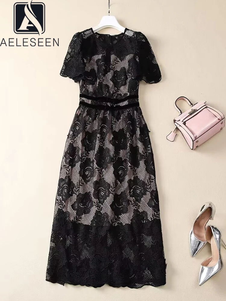 AELESEEN Vintage Black Lace Dress Women Summer Short Sleeve O-Neck Flower Emvroidery Valvet Patchwork Elegant Midi Female