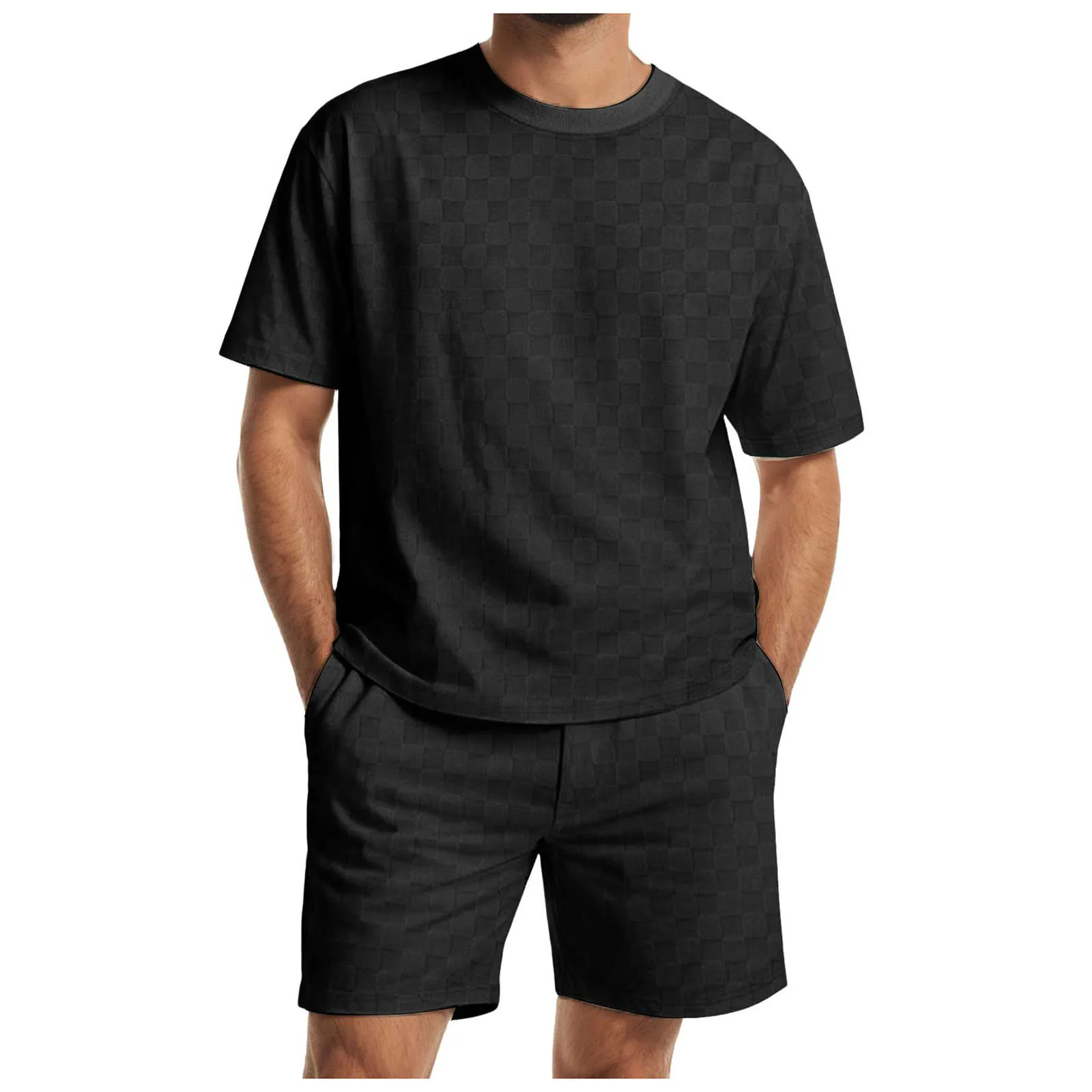 

Men Slim Fit Suit Men's Jacquard Checkerboard Summer Suit Solid Color Casual Short Sleeved Shorts Suit Men Casual Suits Set