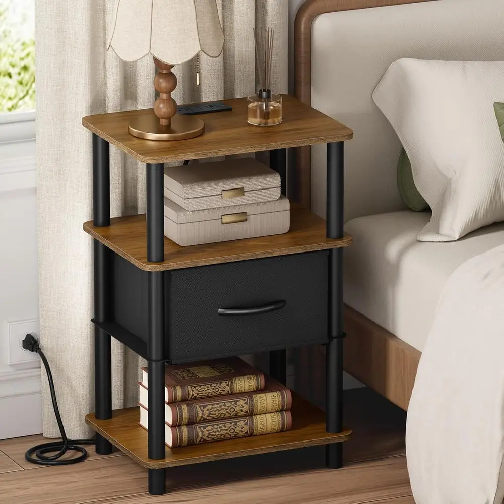 

Rustic Brown & Black 3-Tier Nightstand with Charging Station and Adjustable Fabric Drawer for Easy 2-Minute Assembly