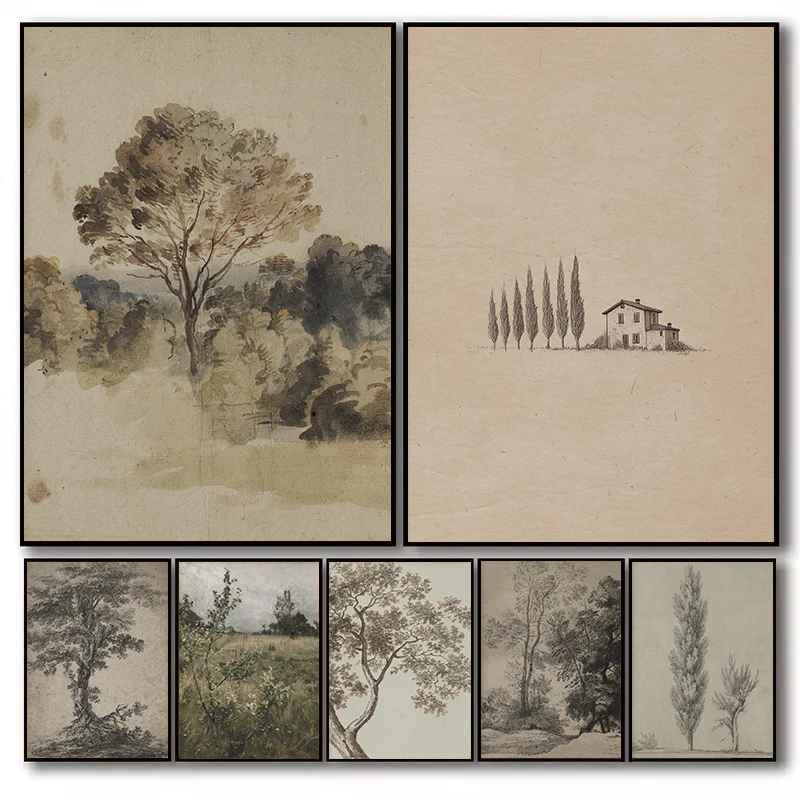 1pc Frameless Vintage Minimalist Tuscan Farmhouse Tree Landscape Botanical Sketch Poster Canvas Painting Wall Art Pictures Home
